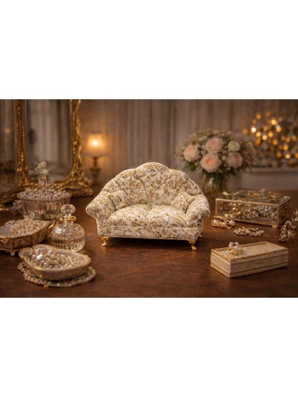 New Green & White Olive Floral Doll Sofa Jewelry Box Organizer Couch Jewelry Box